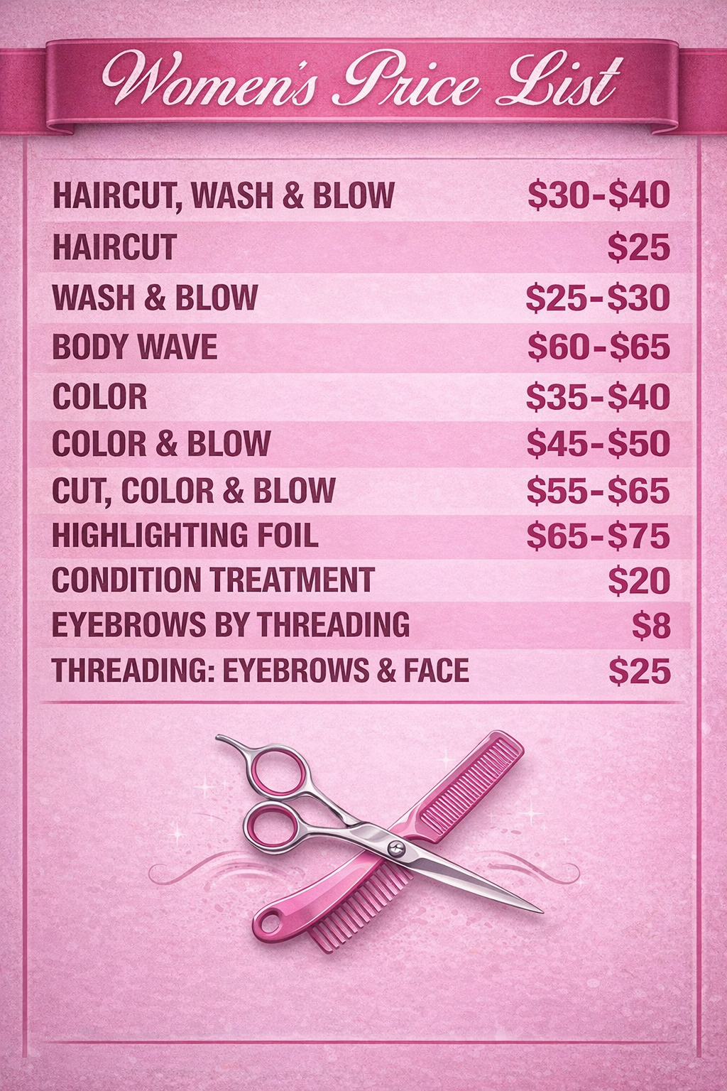 Women's Services Price List